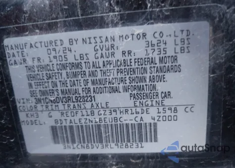 2024 Nissan Versa 1.6 S из США, поврежденный, VIN 3N1CN8DV3RL928231